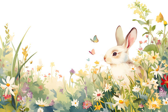 Easter Bunny in a joyful spring scene with flowers, grass on white background, creating a cute and festive holiday illustration, Watercolor Easter background with copy space.