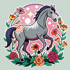 Obraz na płótnie Canvas Equestrian Elegance Create a T-shirt Sticker showcasing a Graceful Horse in a Field of Flowers