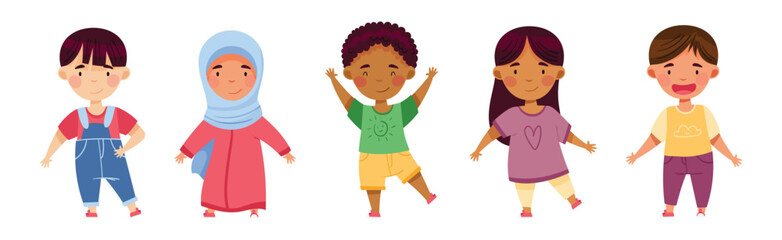 Happy Multiethnic Children Stand and Smiling Vector Set