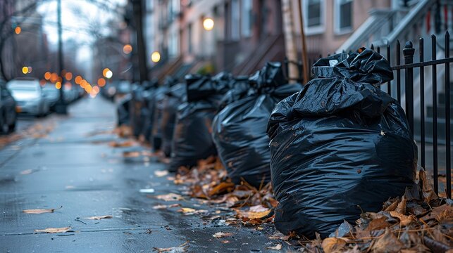 A row of black garbage bags placed on a sidewalk 