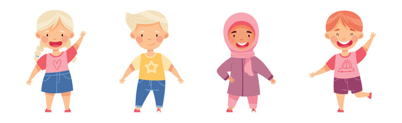 Happy Multiethnic Children Stand and Smiling Vector Set