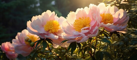 A bush is adorned with numerous pink flowers featuring vibrant yellow centers, creating a beautiful display of color in the garden