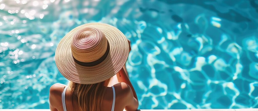Eine Frau mit Sonnenhut am Pool 