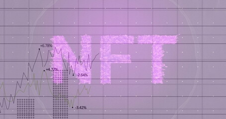 Nft text banner over grid network against statistical data processing against purple background