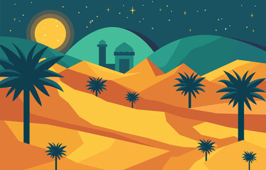 Fototapeta na wymiar Flat Design Illustration of Mosque Building with Date Trees in Arabian Desert at Night