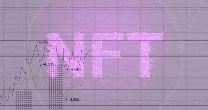 Nft text banner over grid network against statistical data processing against purple background