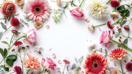 Flat lay composition of various pink and white flowers with copy space.