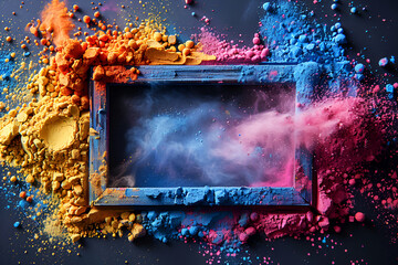 Holi background, colored powder on dark background with empty space for design.