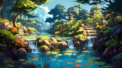 fish pond and fountain in the garden illustration - obrazy, fototapety, plakaty