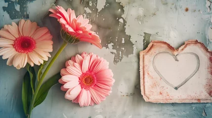 Foto op Plexiglas Three pink gerbera flowers next to a heart-shaped stone. © Julia Jones