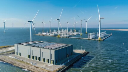 Offshore wind farm with turbines and substation.