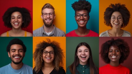 Collage of cheerful people with different ethnicities. Female and male faces on colorful backgrounds