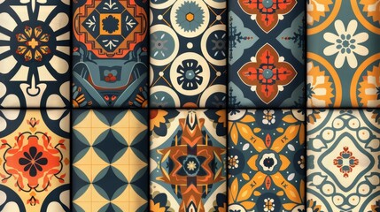 A set of nine different colored patterns
