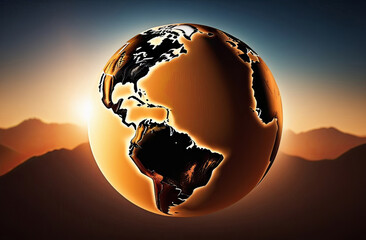 a globe with the sun behind it and mountains in the background