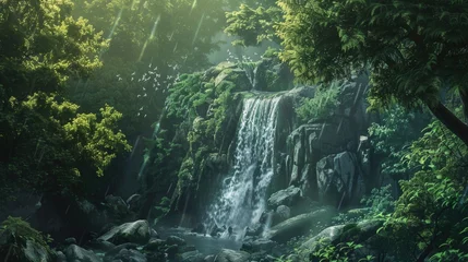 Poster Enchanted forest waterfall with sunbeams and flying birds. © Julia Jones