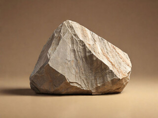 Piece of granite stone against beige background with shadows.