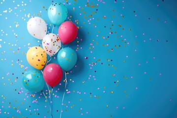 Colorful balloons with pink confetti on a blue background.