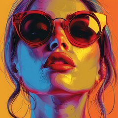 Dynamic Pop Art: Sunglasses-Clad Woman Stands Out on Vibrant Background