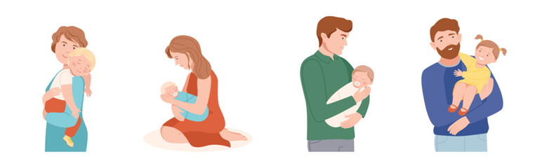 Mother and Father Love Their Kids Play and Embrace Them Vector Set