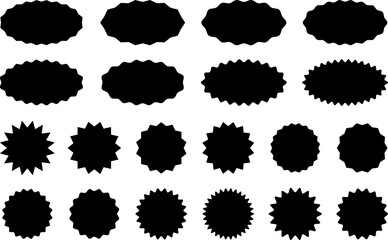 Starburst sticker set, collection of special offer sale oval and round shaped sunburst labels and badges. Promo stickers and badges, seal, stamp, print with star edges. Vector.