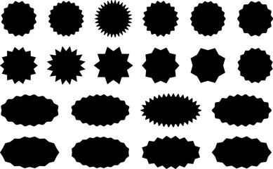 Starburst sticker set, collection of special offer sale oval and round shaped sunburst labels and badges. Promo stickers and badges, seal, stamp, print with star edges. Vector.