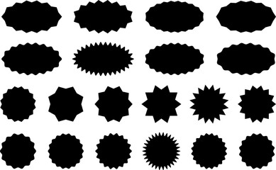 Starburst sticker set, collection of special offer sale oval and round shaped sunburst labels and badges. Promo stickers and badges, seal, stamp, print with star edges. Vector.
