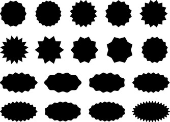Starburst sticker set, collection of special offer sale oval and round shaped sunburst labels and badges. Promo stickers and badges, seal, stamp, print with star edges. Vector.