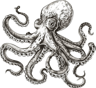 Vector illustration of an octopus drawn by hand with ink, in black and white, set against a white background.