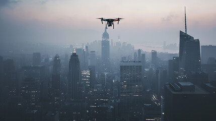 A drone soaring above the urban landscape in the fog