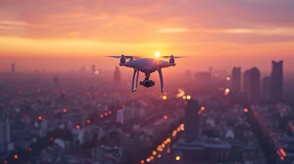 Zelfklevend Fotobehang A drone soaring above the urban landscape. © Kateryna Kordubailo