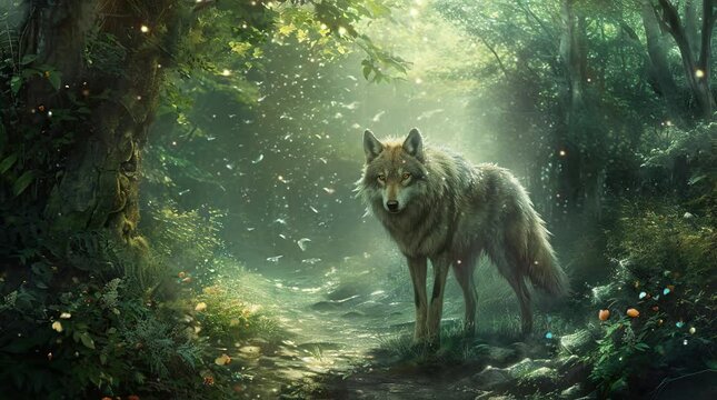 Majestic wolf prowling gracefully through the enchanted depths of the fantasy forest Seamless looping 4k time-lapse virtual video animation background. Generated AI