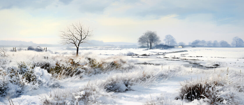 Digital painting of a rural winter snow scene
