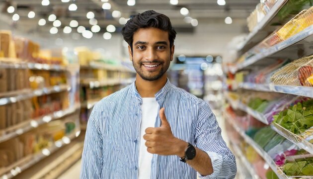 Smiling Merchant, shop keeper at groceries store thumbsup  looking at camera 