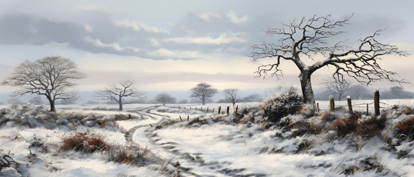 Digital painting of a rural winter snow scene