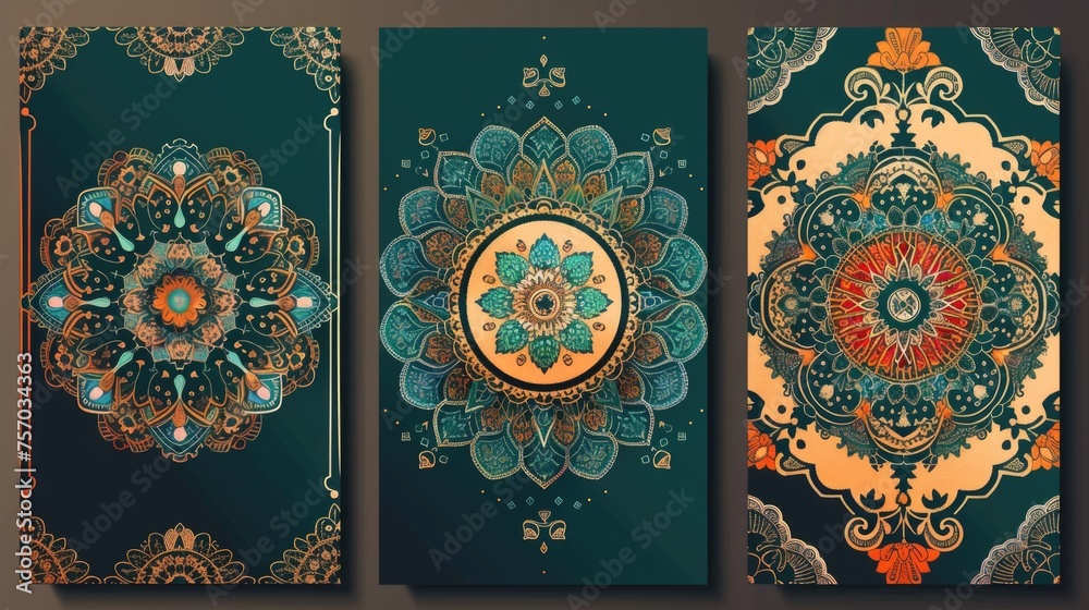 Wall mural set of three ornate mandala designs of beautiful ramadan kareem greeting card design with mandala