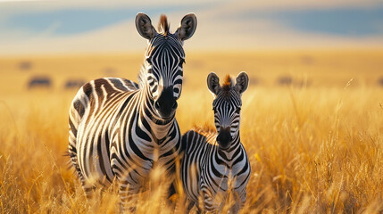 Mother Zebra and Child Zebra in Savannah 