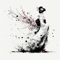 Japanese geisha in kimono dress in splash ink painting with Generative AI.