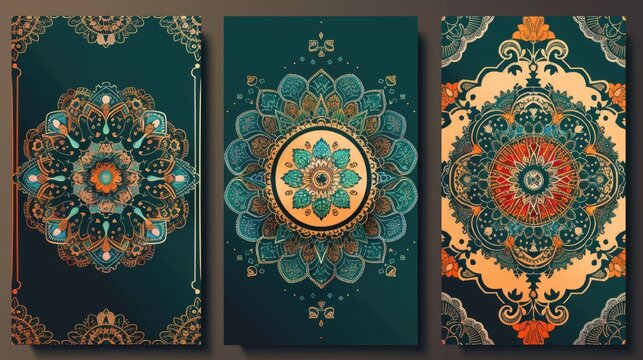 Set of three ornate mandala designs of beautiful Ramadan Kareem greeting card design with mandala