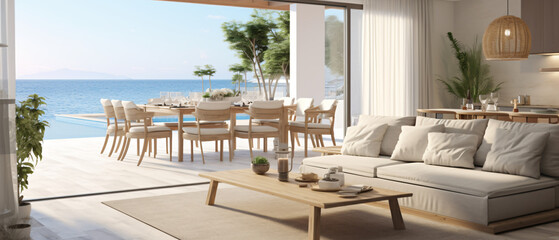 Dining and living room with a sea view in a luxurious house