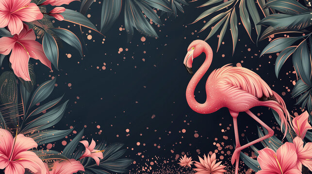 Background With Exotic Leaves And Coloful Flowers and Flamingo. It's Summer Time
