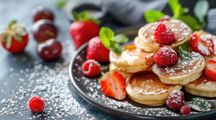 Fototapeta premium Pancakes with fresh berries and powdered sugar on dark background.