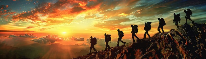Group of Hikers Witnessing Majestic Sunset Over Mountains, Embracing the Grandeur of Adventure - obrazy, fototapety, plakaty