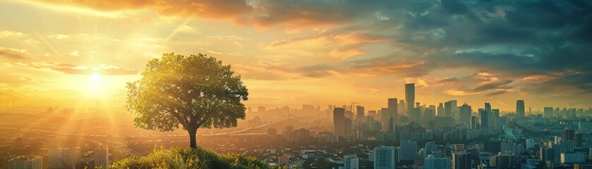 Sunrise Over City with Solitary Tree, Depicting Urban Serenity and New Beginnings