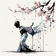 Japanese geisha in kimono dress in splash ink painting with Generative AI.