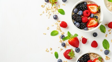 Oatmeal with fruits and berries, white bowls on white background, top view with copy space