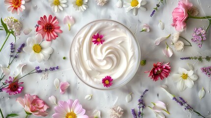 Cosmetic cream with spring flowers on a flat lay. Natural skincare and wellness concept