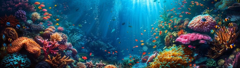 Fototapeta na wymiar Lush Oceanic Landscape Illuminated by Rays of Sunlight, Teeming with Fish and Coral Diversity