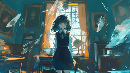 Tuinposter school uniform anime girl in the middle, broken glass background © Adja Atmaja
