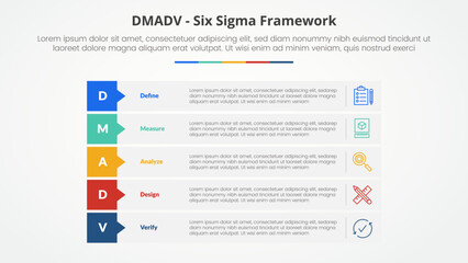 DMADV six sigma framework methodology concept for slide presentation with rectangle stack callout badge header with 5 point list with flat style