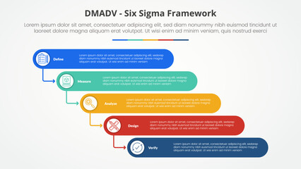 DMADV six sigma framework methodology concept for slide presentation with round rectangle stack waterfall style with 5 point list with flat style